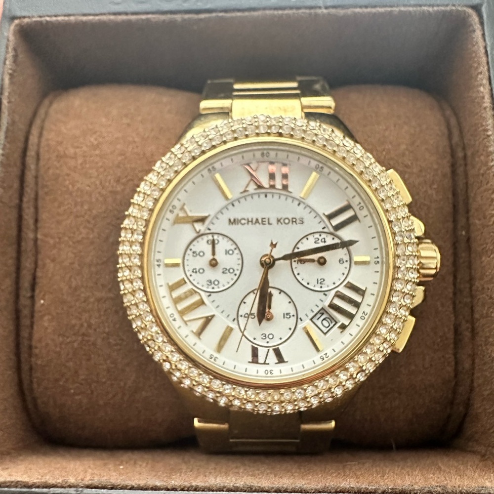 Michael Kors Gold-tone Crystal Bezel Women's Chronograph Watch with White Dial